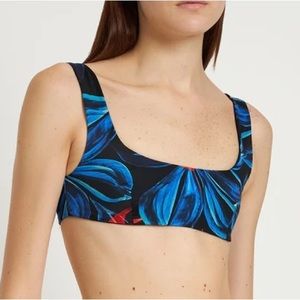 Louisa Ballou Blue Black Red Floral Leaf Print Scoop Bikini Top Swimsuit
